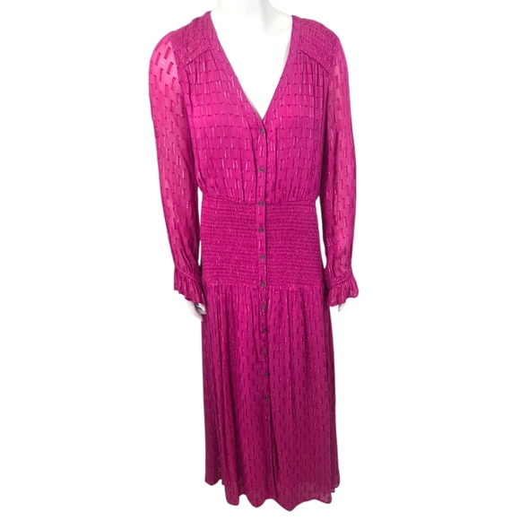Anthropologie Smocked Long Sleeve Maxi Dress Pink Chiffon Womens Medium V-neck - Picture 2 of 13